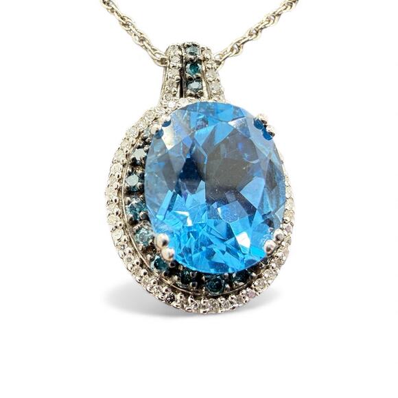Blue Topaz Double Diamond Halo Pendant Necklace 925 Sterling Silver 18in Chain - Picture 2 of 8